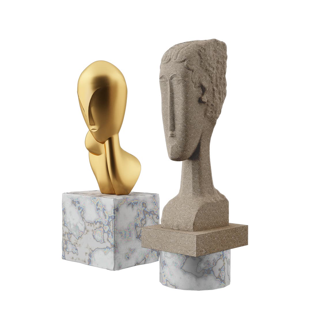 A golden Brâncuși-style head and a stone Modigliani-style head on marble plinths