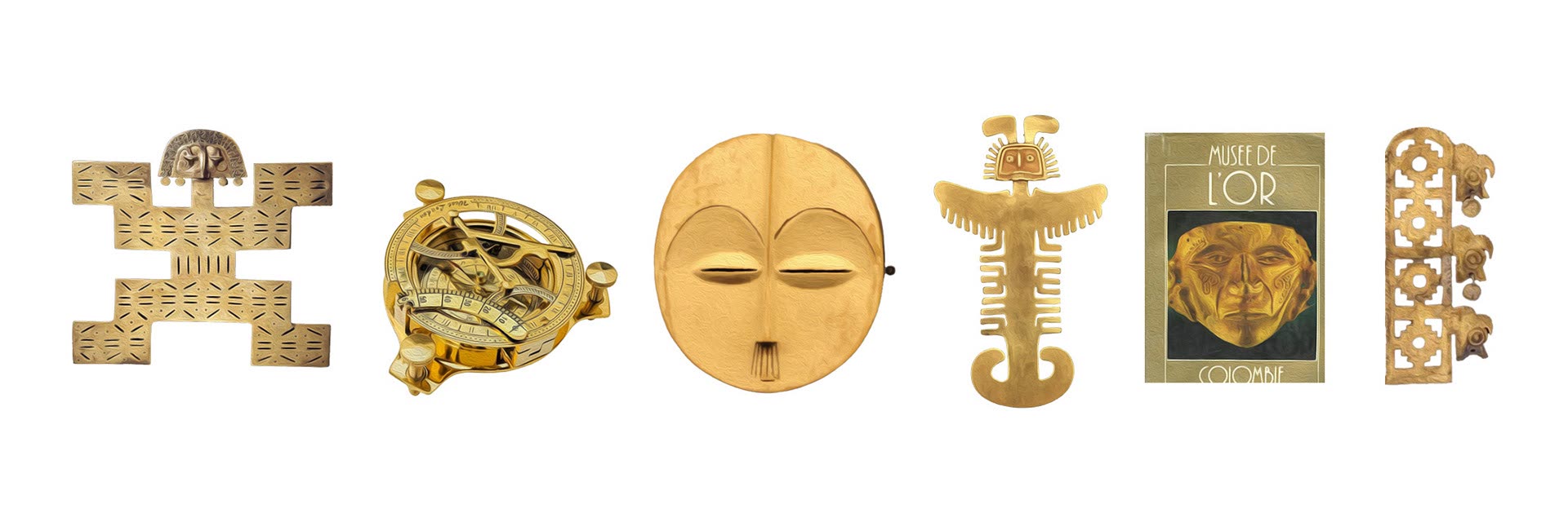 The original artefacts: a Tolima figure, a sundial, an African mask, a Tolima bird pendant, a Musée de l'Or book and a gold ornamental band